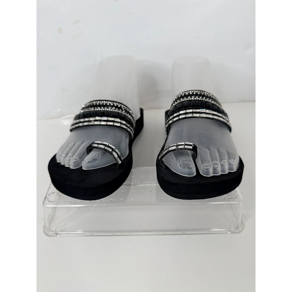 Yellow Box‎ Sandals Womens 5.5 Black Wedge Rhinestone Thong Flip Flop - Picture 3 of 9